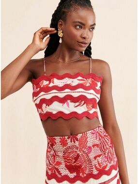 FARM Rio Red & White Scallop-Trim Floral Crop Top